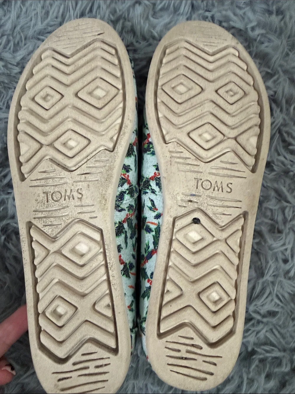 Toms Women's White Slip-On Flats with Red and Green Floral Glitter